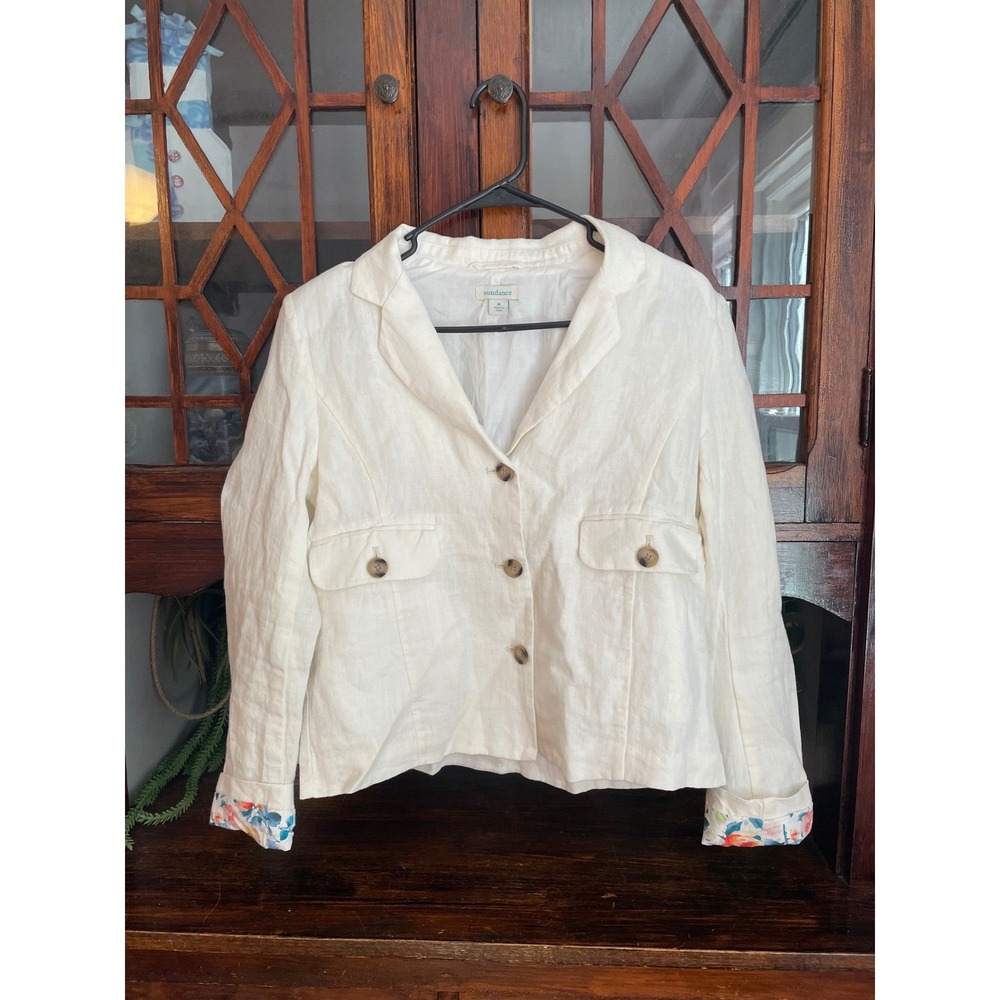 Sundance Womens Linen Blend Blazer Floral Accent Cuff Jacket Size M